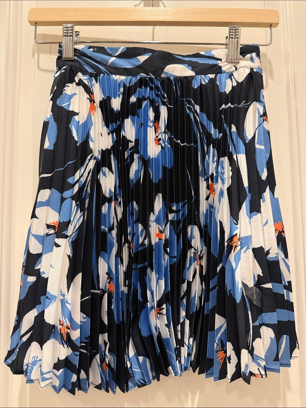 Milly Black, Blue & White Floral Pleated Skirt with Orange Accents